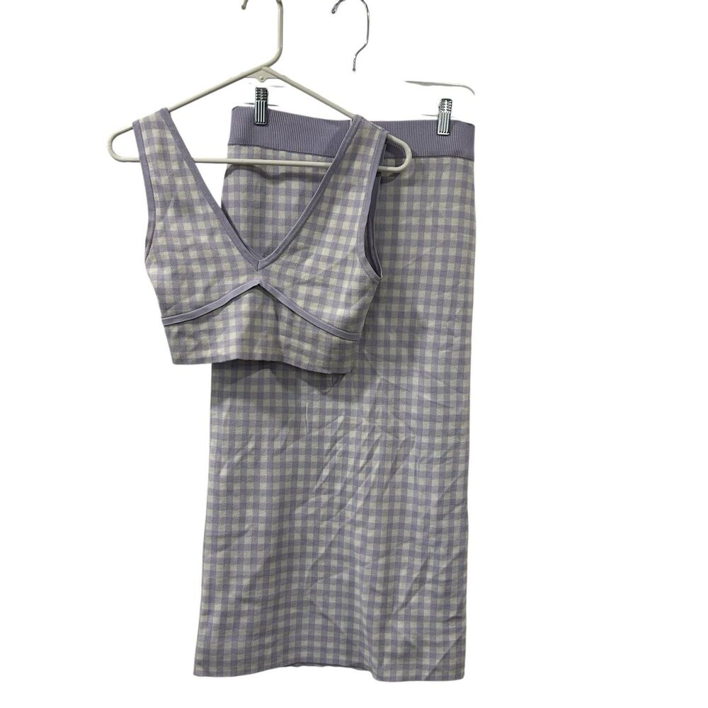 ZARA Knitted Two Piece Pencil Skirt Crop Top Set Purple White Check Size Medium